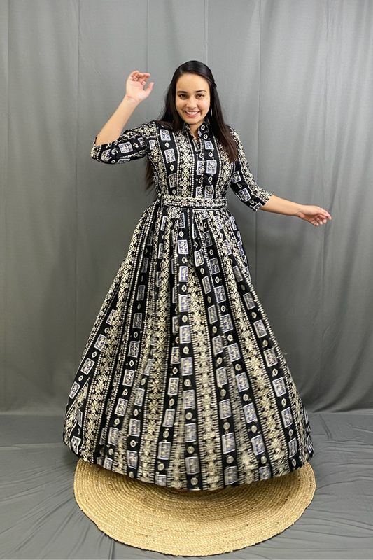 Black Mulitcolor Elegant Ethnic Full Ghera Gown with Cancan, Belt & Intricate Tiladi Work