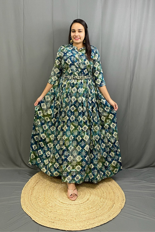 Green Mulitcolor Elegant Ethnic Full Ghera Gown with Cancan, Belt & Intricate Tiladi Work