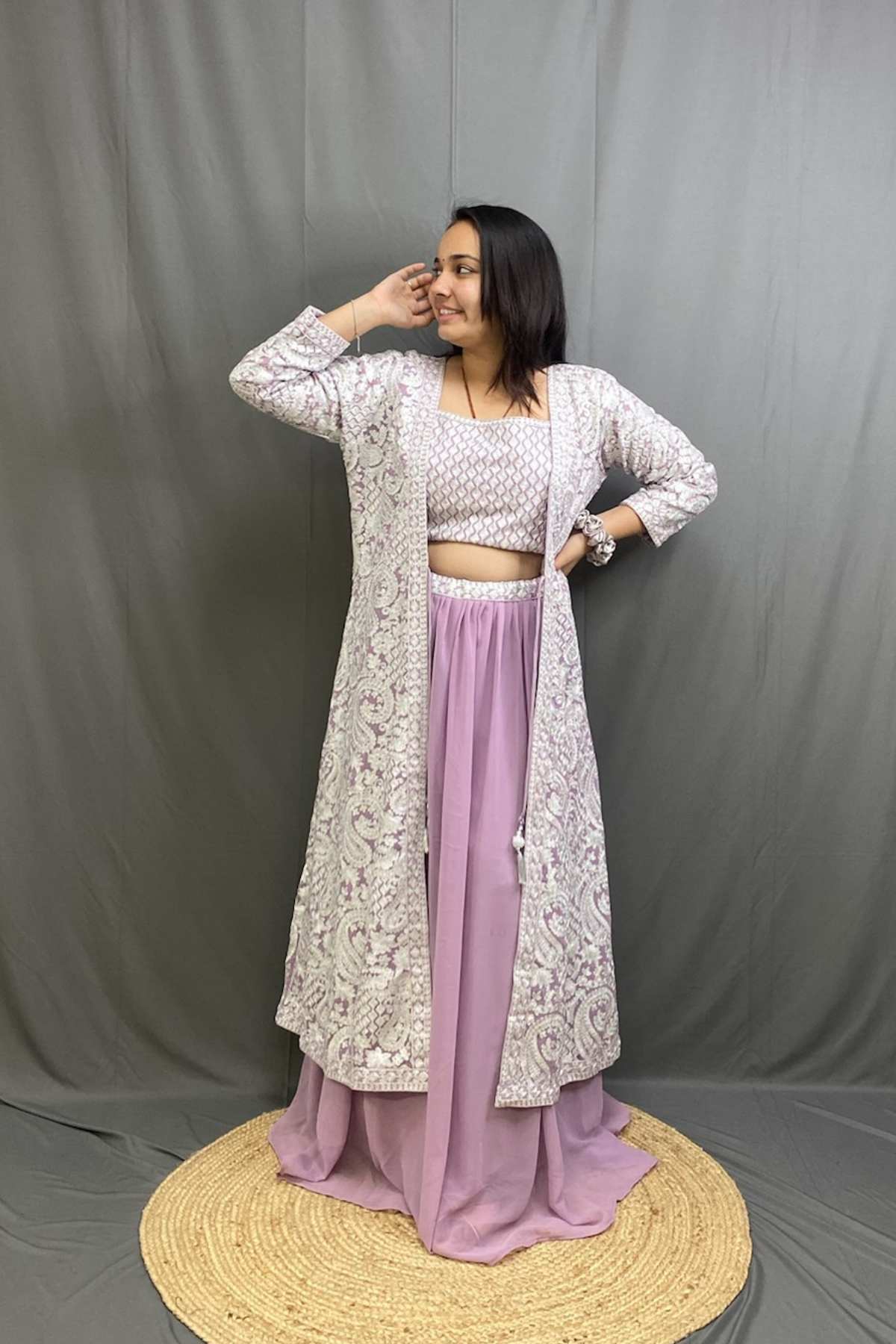 Designer Crop Top Palazzo Set with Heavy Embroidered Long Shrug