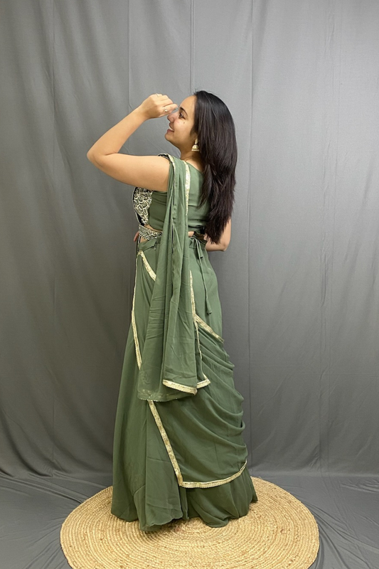 Pista Green Chiffon Drape Saree with Moti Work Blouse & Belt