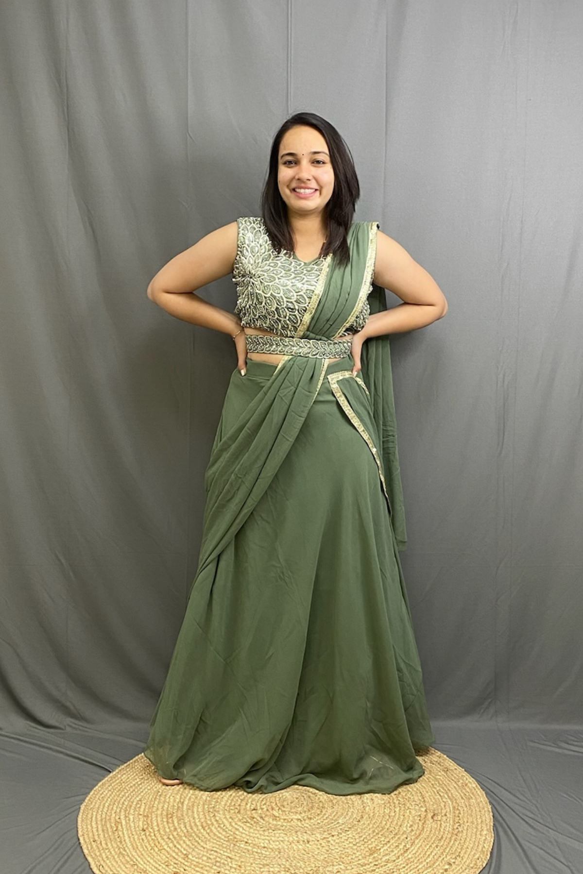 Pista Green Chiffon Drape Saree with Moti Work Blouse & Belt