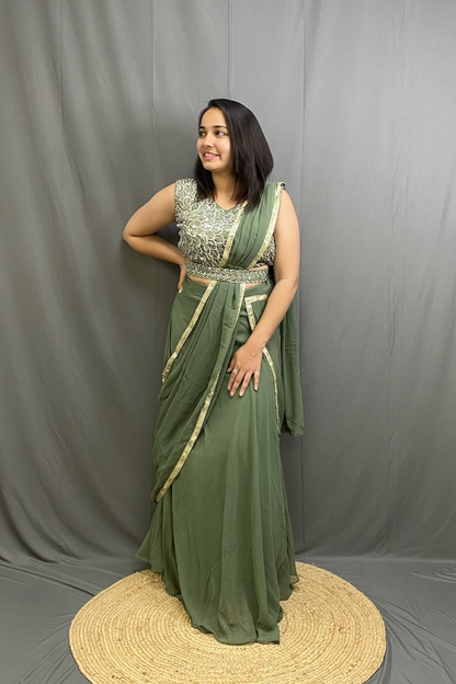 Pista Green Chiffon Drape Saree with Moti Work Blouse & Belt