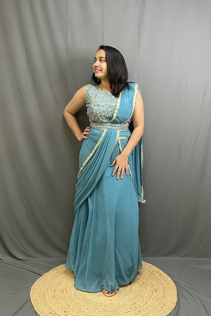 Royal Blue Chiffon Drape Saree with Moti Work Blouse & Belt