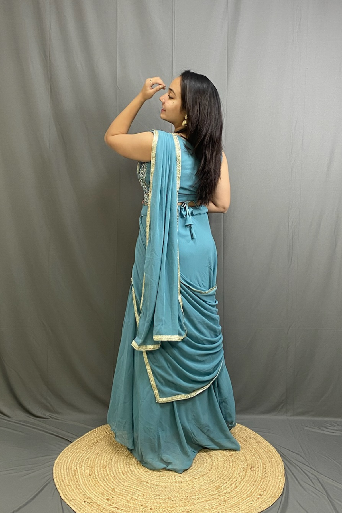 Royal Blue Chiffon Drape Saree with Moti Work Blouse & Belt