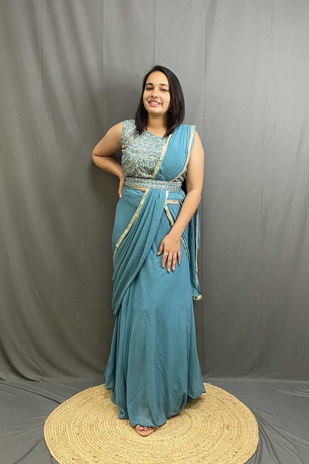 Royal Blue Chiffon Drape Saree with Moti Work Blouse & Belt