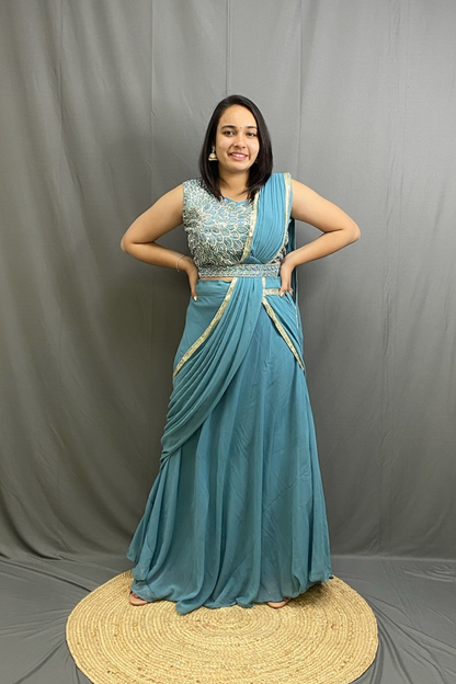 Royal Blue Chiffon Drape Saree with Moti Work Blouse & Belt