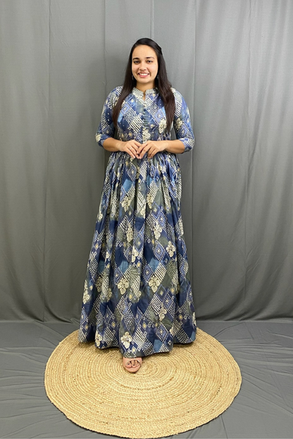 Navy Mulitcolor Elegant Ethnic Full Ghera Gown with Cancan, Belt & Intricate Tiladi Work