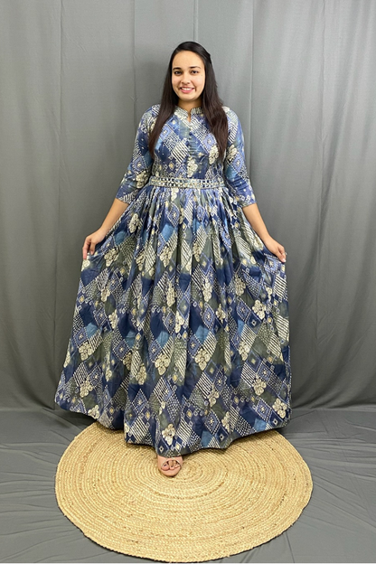 Navy Mulitcolor Elegant Ethnic Full Ghera Gown with Cancan, Belt & Intricate Tiladi Work