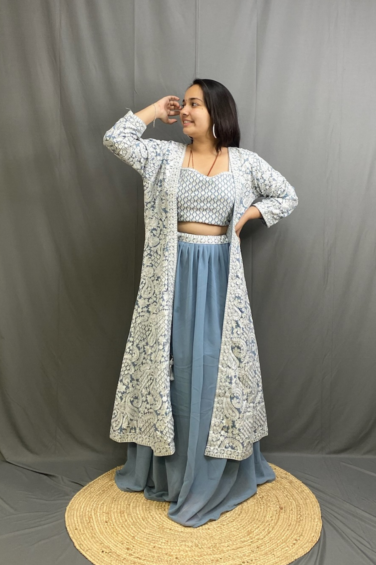 Designer Crop Top Palazzo Set with Heavy Embroidered Long Shrug