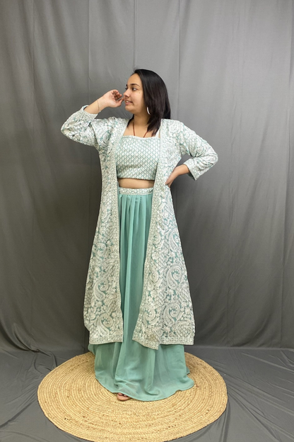 Designer Crop Top Palazzo Set with Heavy Embroidered Long Shrug