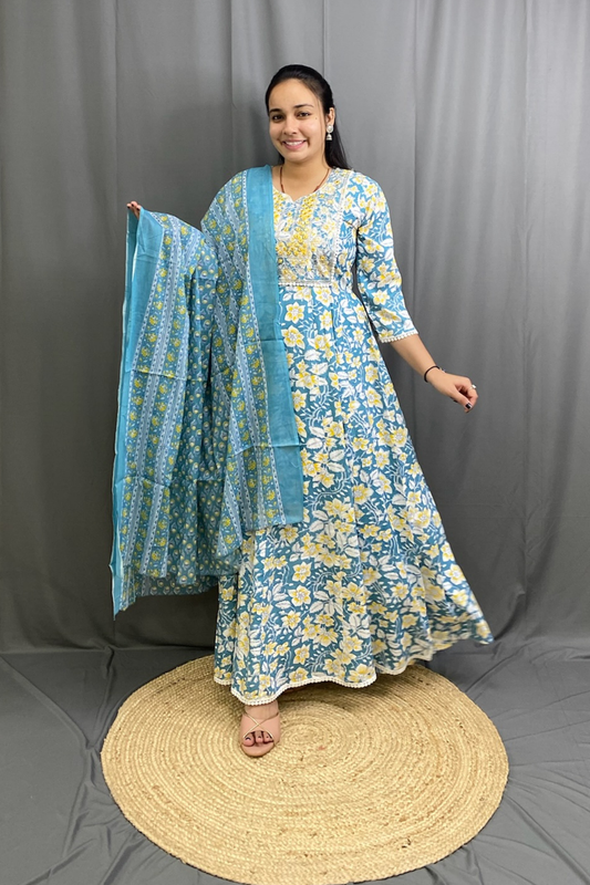 Elegant Bloom Floral Cotton Ghera Kurti with Dupatta