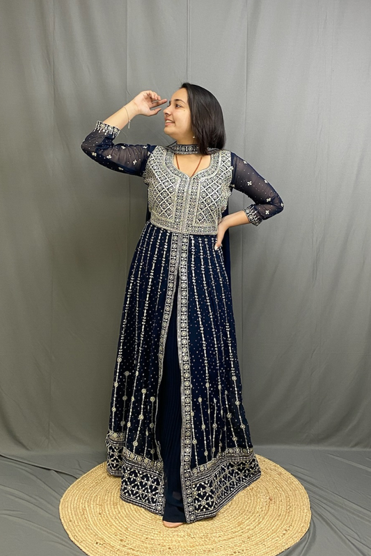 Georgette Anarkali Kurta with Middle Cut and Sequined Skirt, Stylish Neck Dupatta