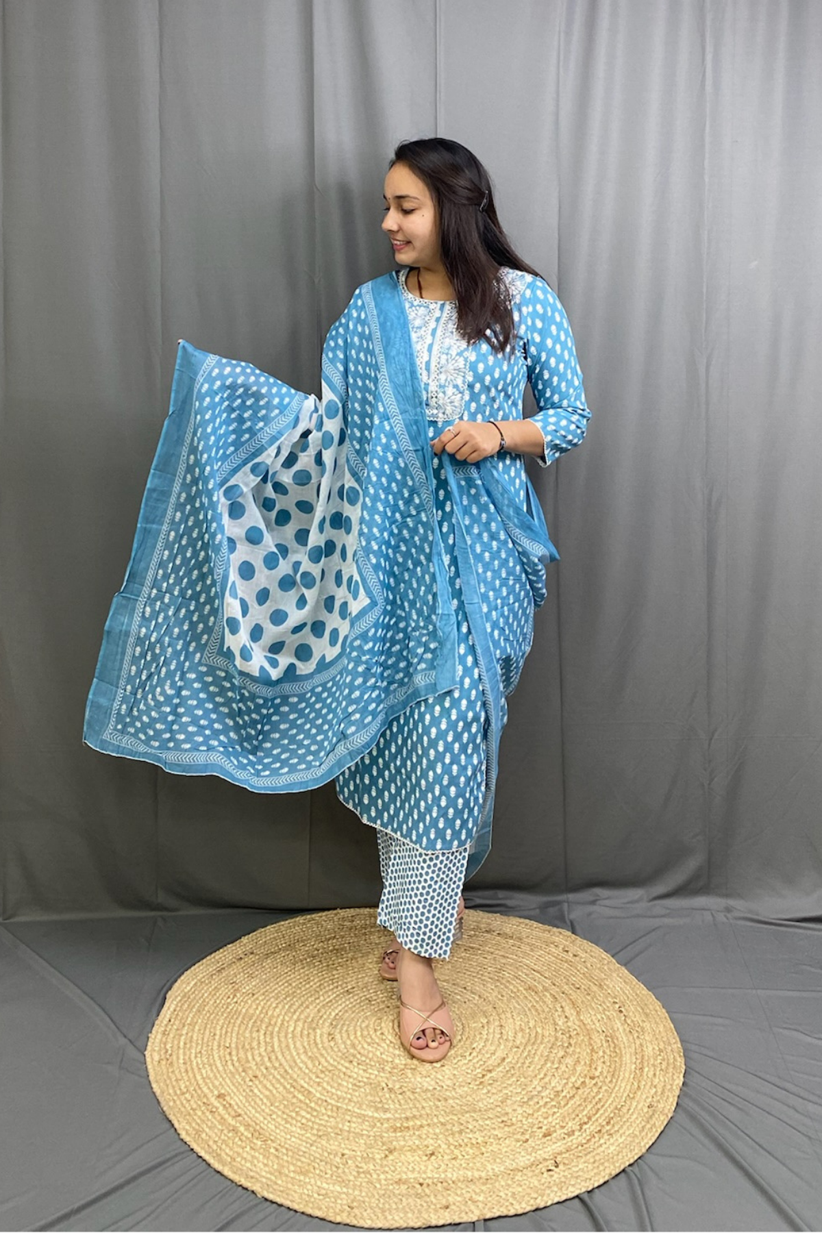 Sky Blue Ethnic Printed Cotton Kurti Pant Dupatta Set with White Embroidery Work