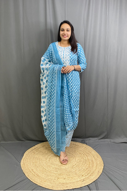 Sky Blue Ethnic Printed Cotton Kurti Pant Dupatta Set with White Embroidery Work