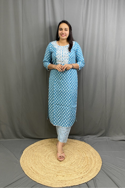 Sky Blue Ethnic Printed Cotton Kurti Pant Dupatta Set with White Embroidery Work