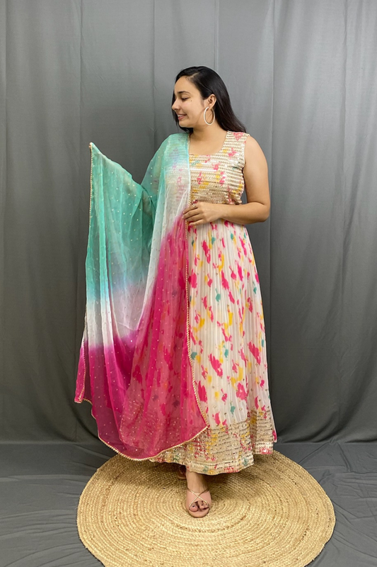 Vibrant Multicolor Georgette Full Ghera Gown with Matching Dupatta