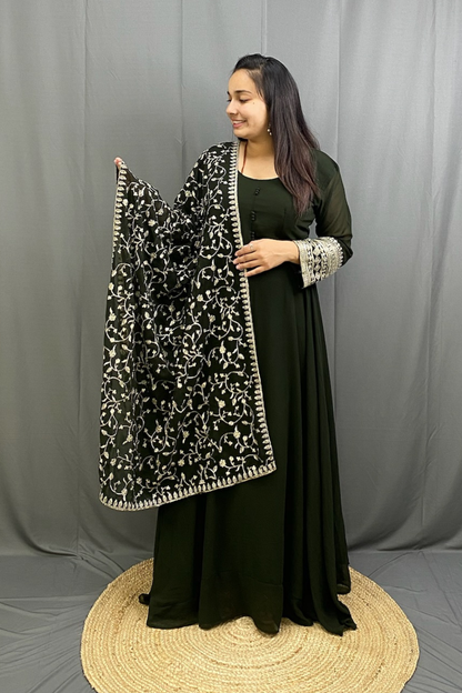 Stunning Dark Mehndi Georgette Gown with Heavy Dupatta