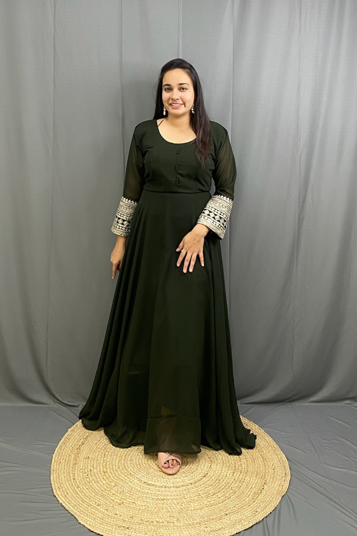 Stunning Dark Mehndi Georgette Gown with Heavy Dupatta