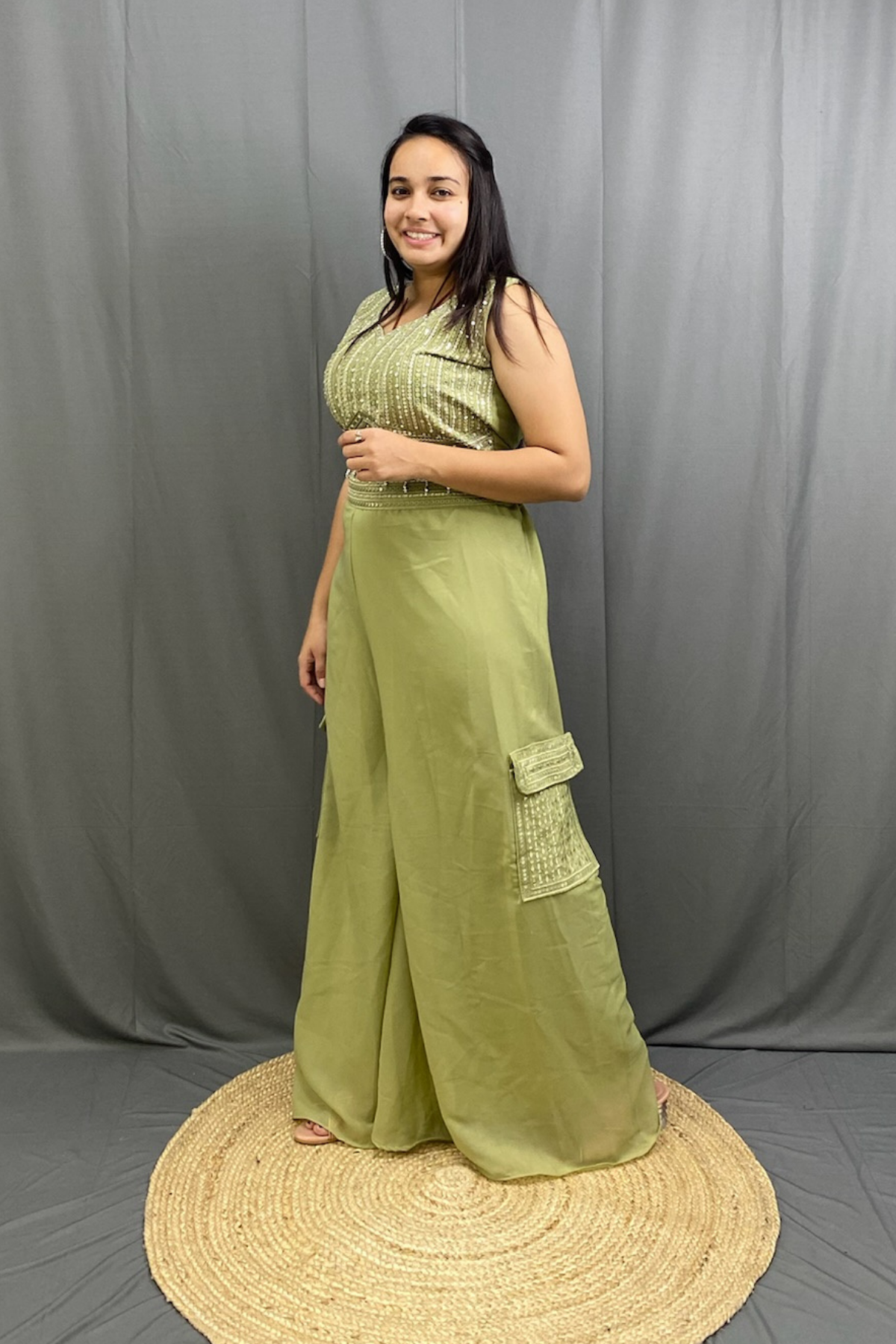 Elegant Crop Top & Palazzo Suit with Side Pocket and Long Koti