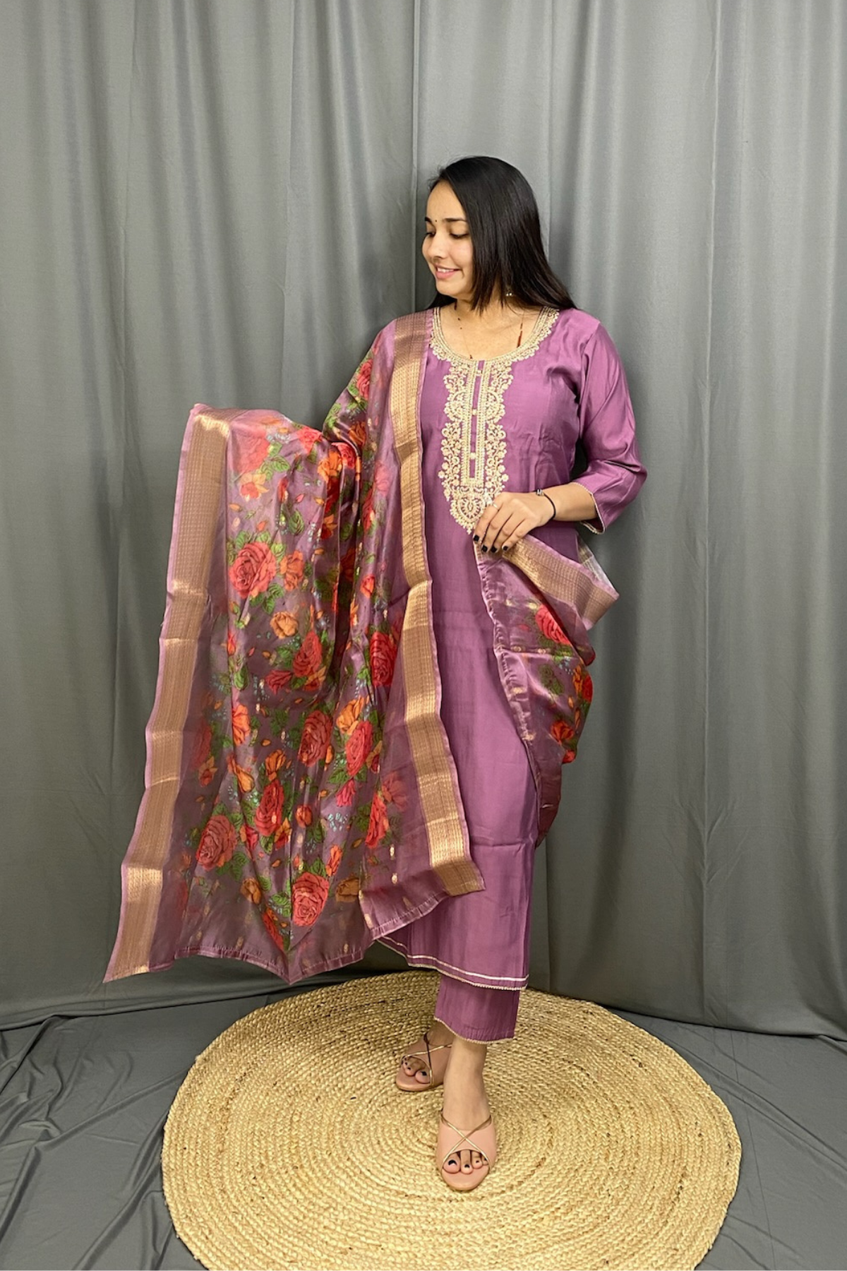 Premium Silk Kurti Pant Set with Banarasi Style Floral Dupatta