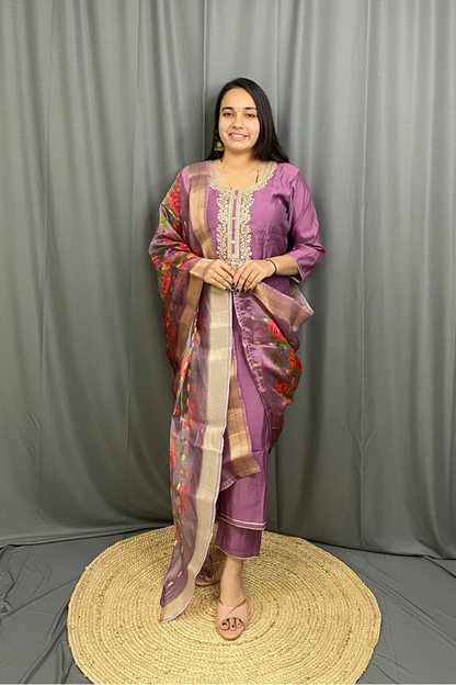 Premium Silk Kurti Pant Set with Banarasi Style Floral Dupatta