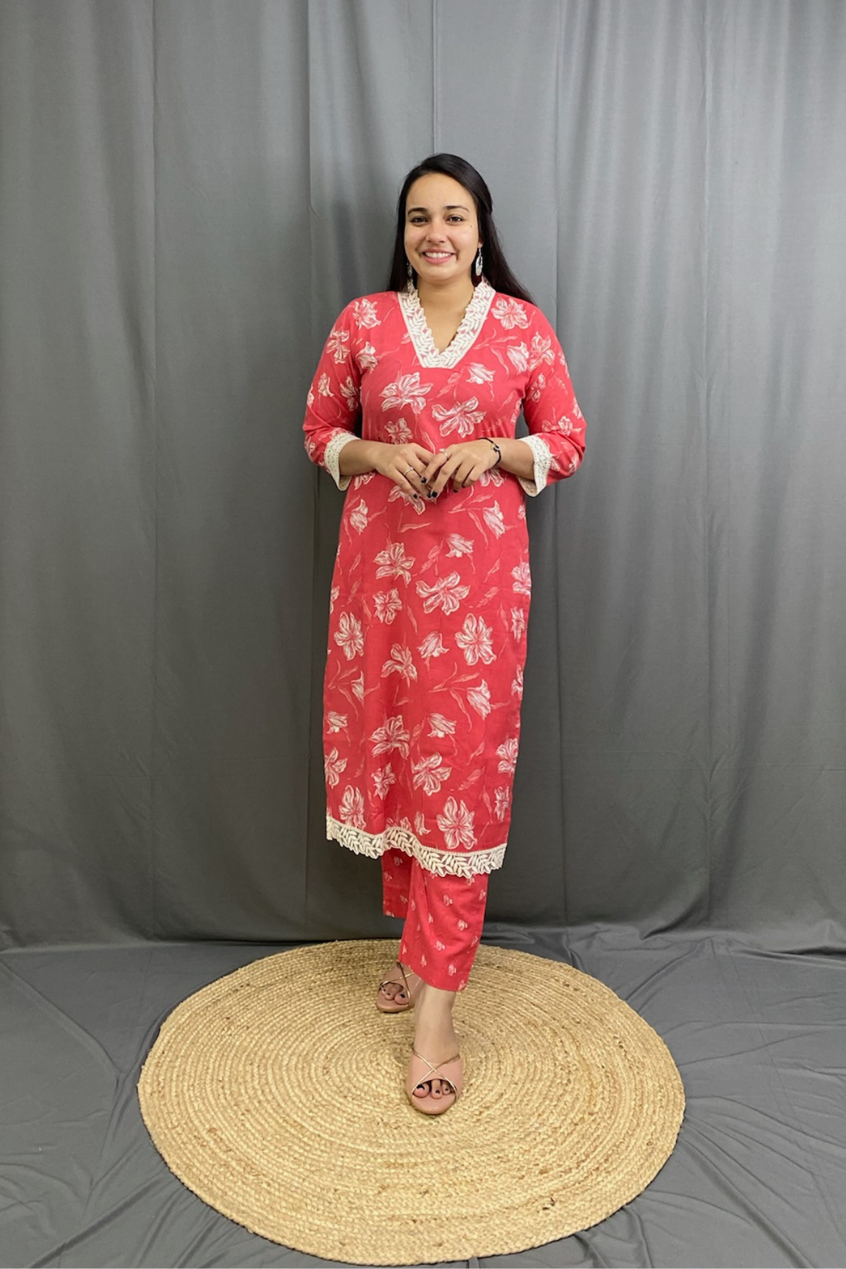 Elegant V-Neck Cotton Kurti Pant Set with Lace Detailing