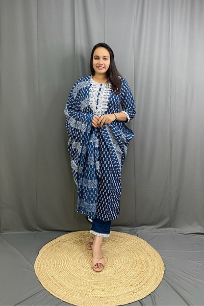 Navy Blue Ethnic Printed Cotton Kurti Pant Dupatta Set with White Embroidery Work