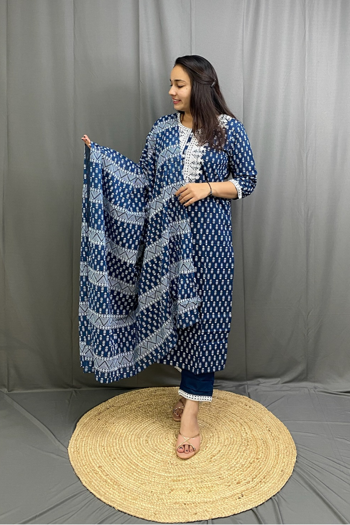 Navy Blue Ethnic Printed Cotton Kurti Pant Dupatta Set with White Embroidery Work