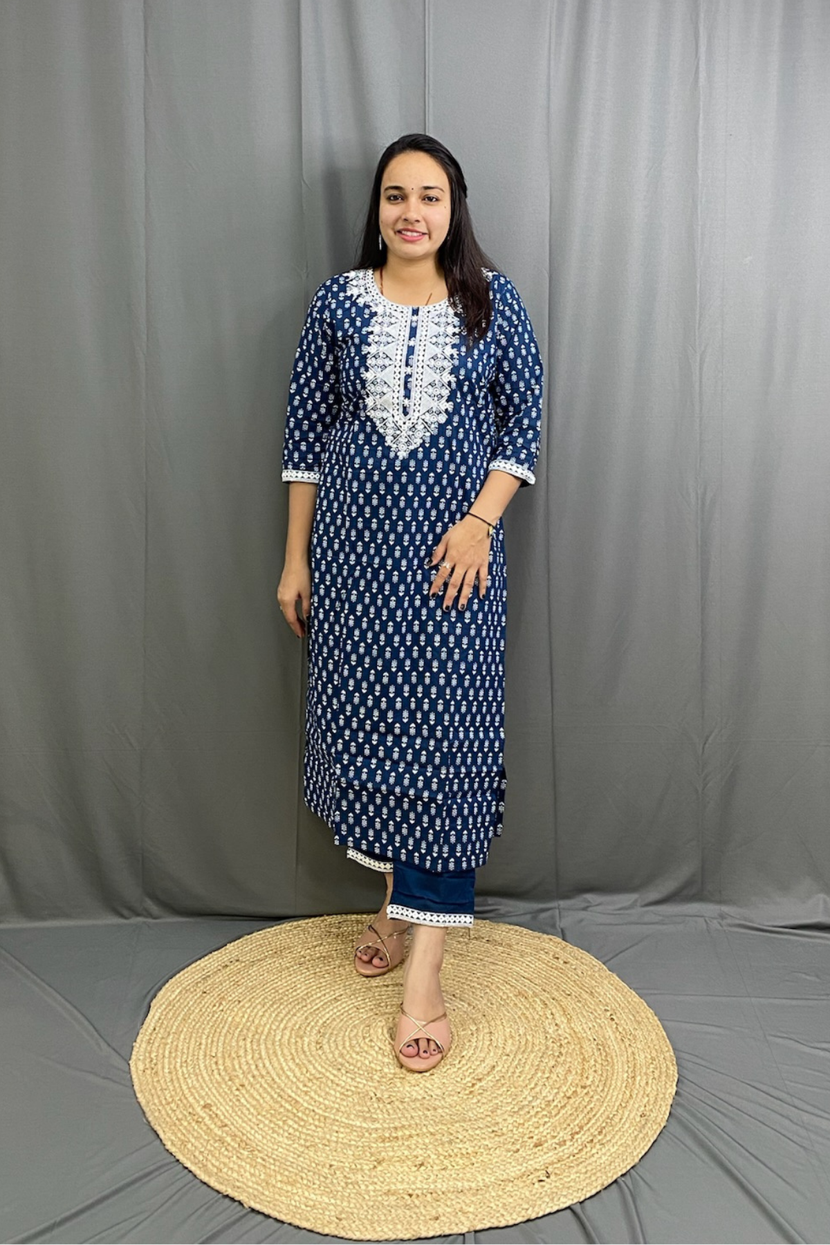 Navy Blue Ethnic Printed Cotton Kurti Pant Dupatta Set with White Embroidery Work