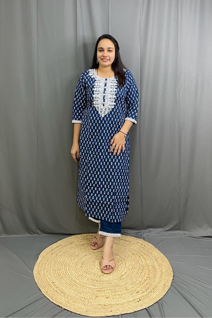 Navy Blue Ethnic Printed Cotton Kurti Pant Dupatta Set with White Embroidery Work