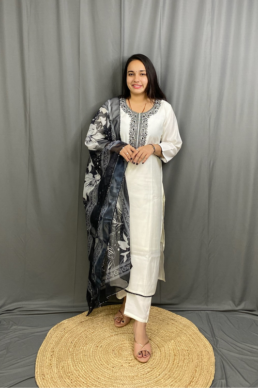 Graceful White Silk Kurti Pant Set with Contrasting Black Floral Dupatta