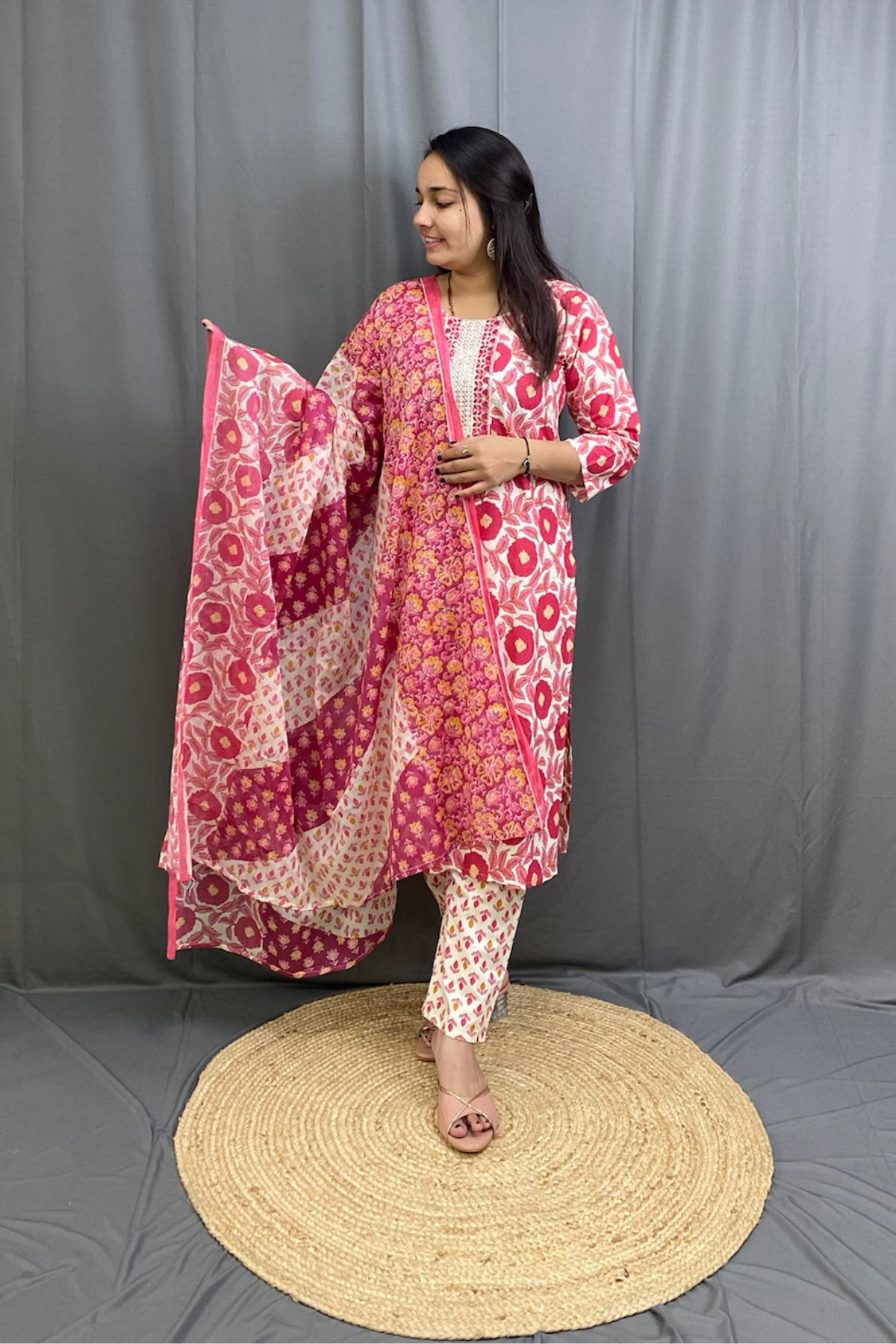 Premium Cotton Pink Floral Straight Kurti Pant Dupatta Set