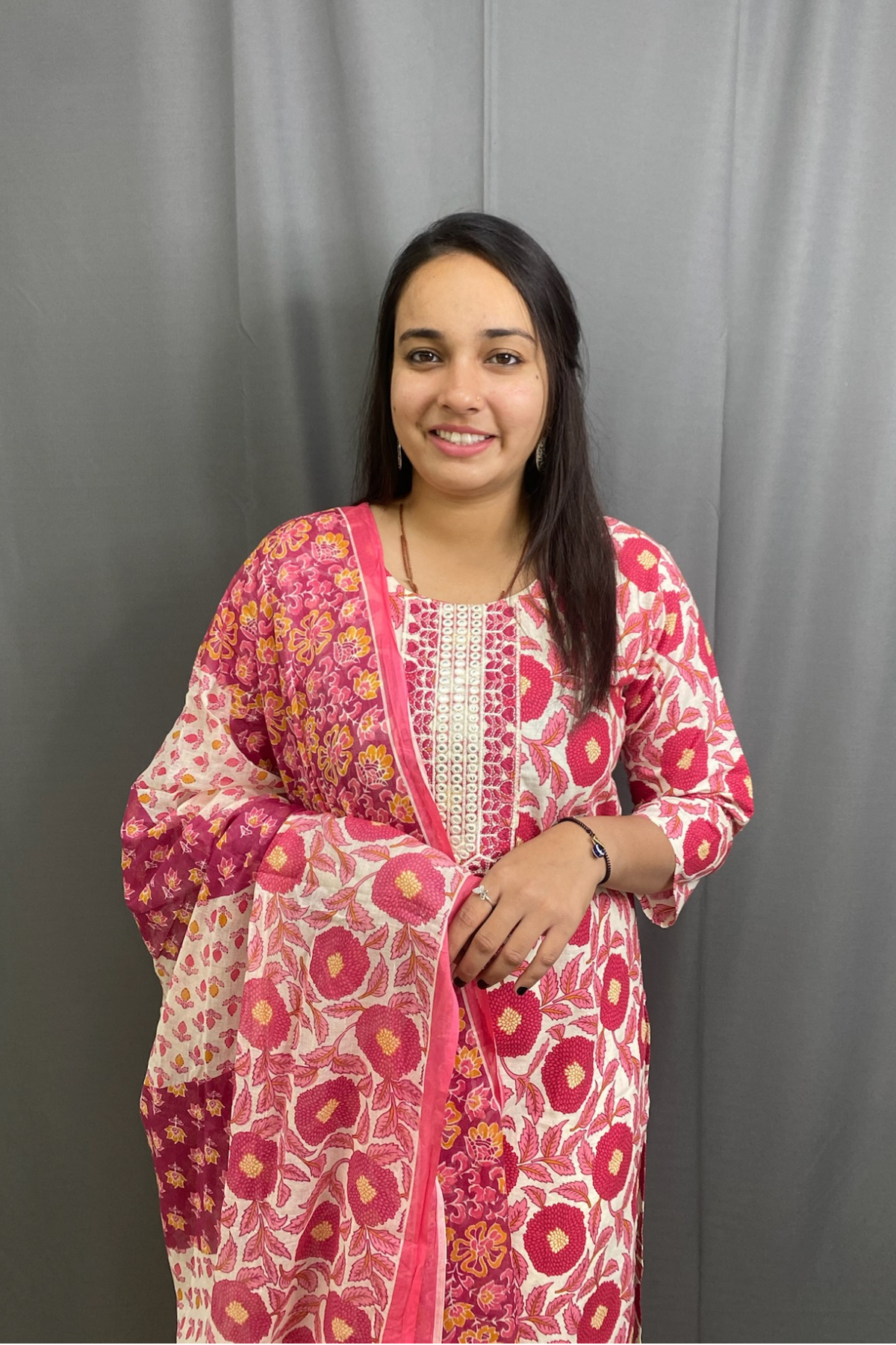 Premium Cotton Pink Floral Straight Kurti Pant Dupatta Set