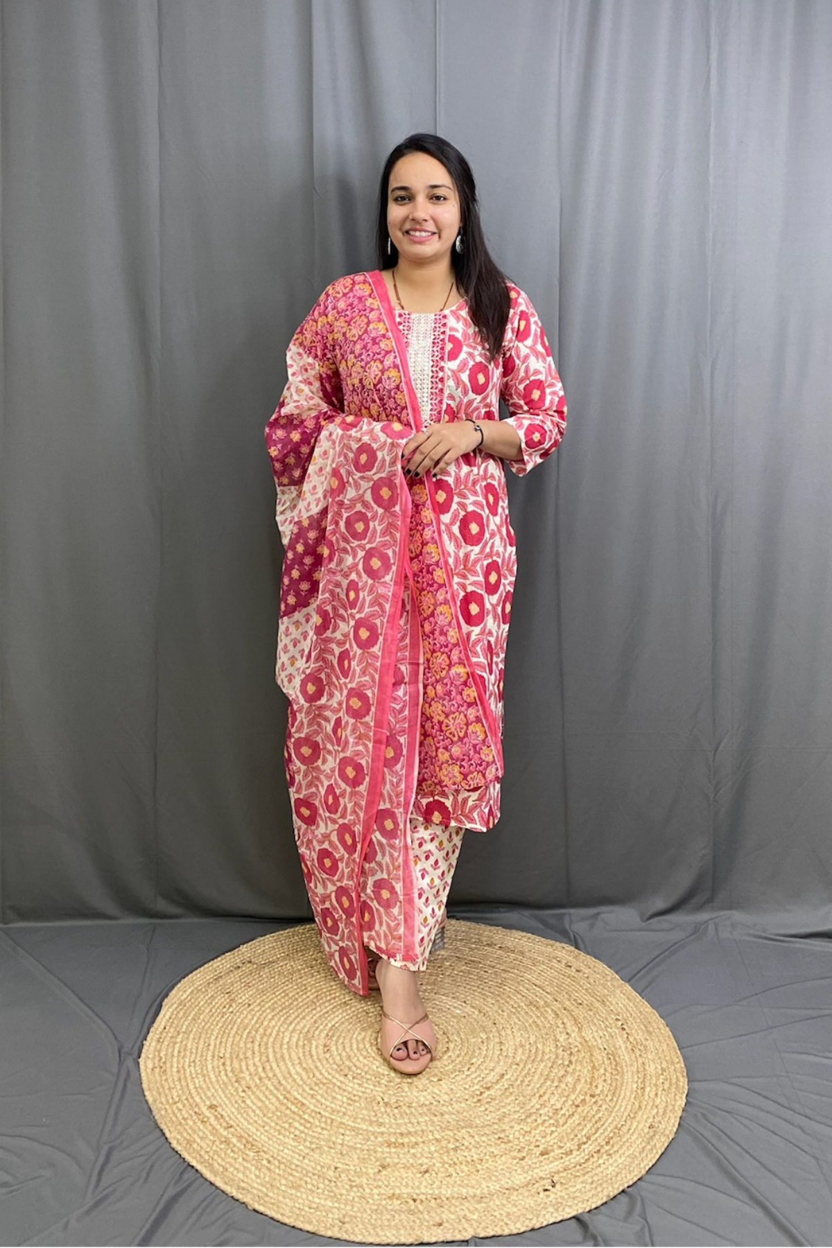 Premium Cotton Pink Floral Straight Kurti Pant Dupatta Set