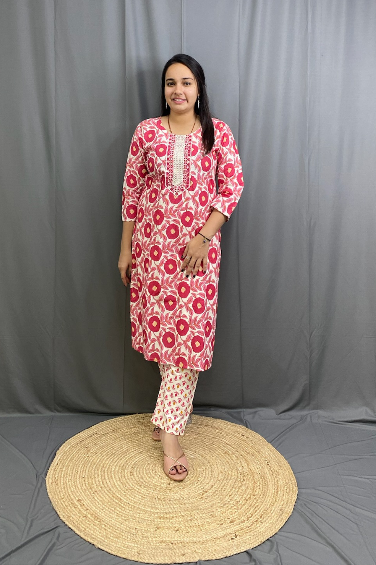 Premium Cotton Pink Floral Straight Kurti Pant Dupatta Set