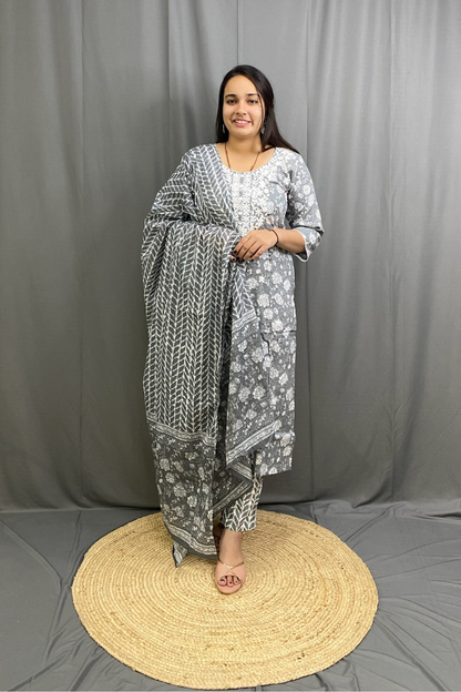 Grey Cotton Straight Kurti Pant Dupatta Set with White Embroidery Work on Neckline