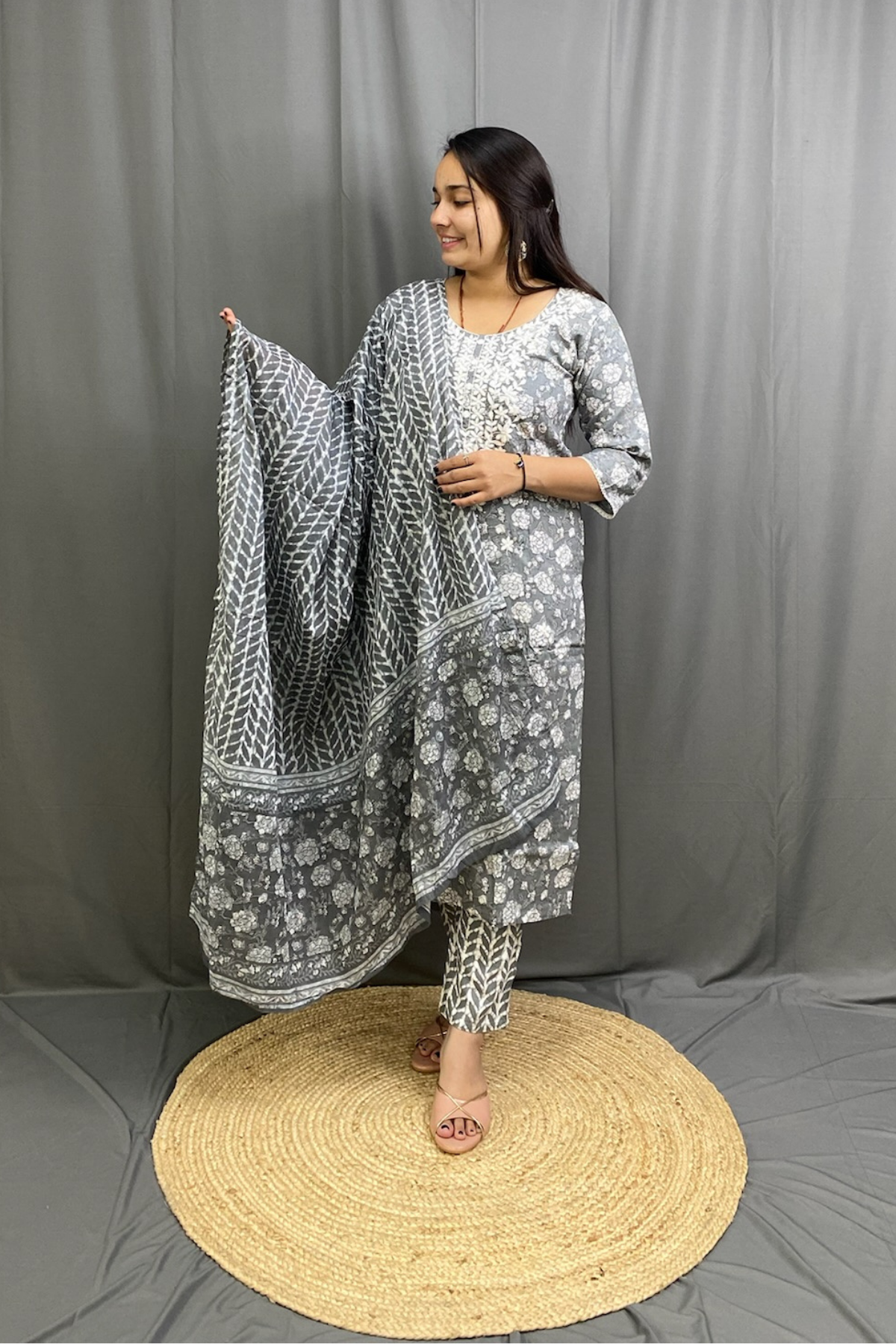 Grey Cotton Straight Kurti Pant Dupatta Set with White Embroidery Work on Neckline