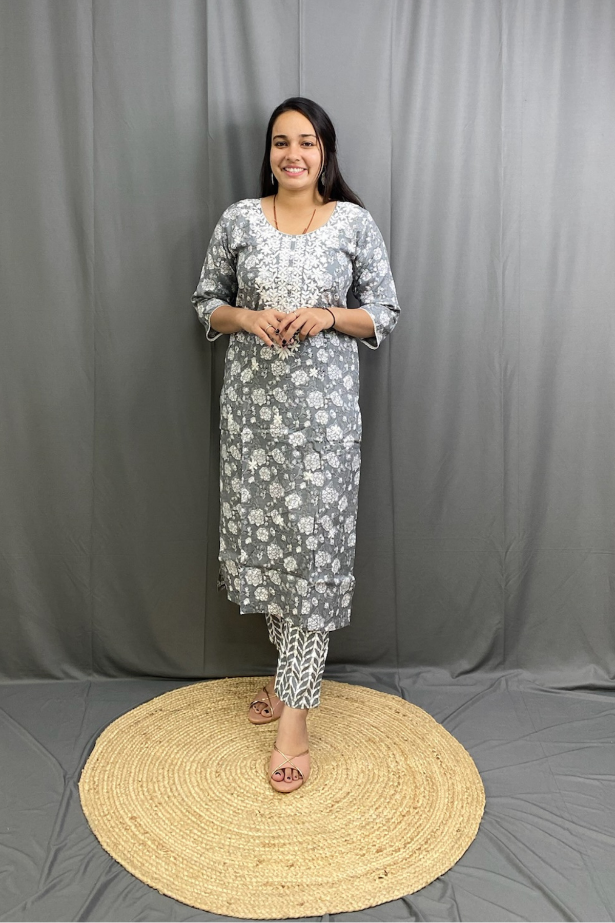 Grey Cotton Straight Kurti Pant Dupatta Set with White Embroidery Work on Neckline