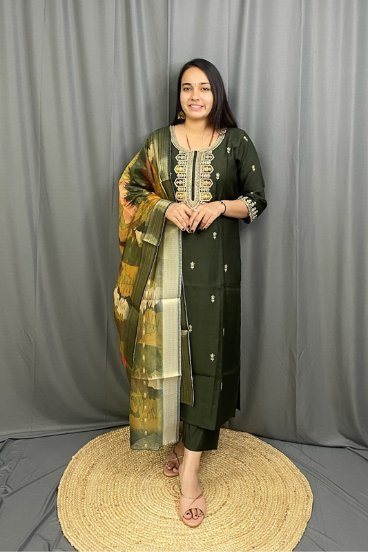 Premium Silk Kurti Pant Set with Banarasi Style Silk Dupatta