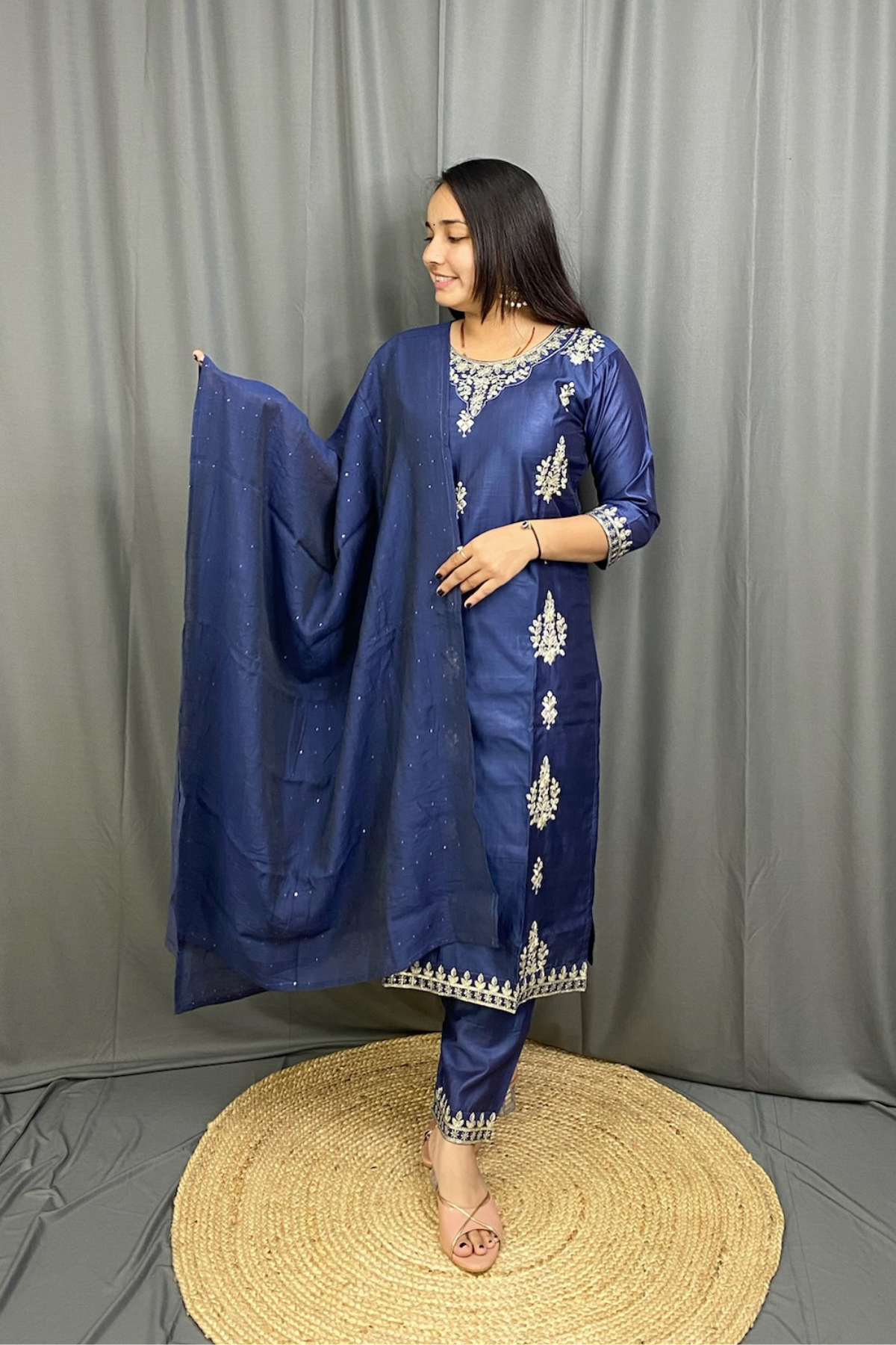 Roman Silk Kurti Pant Dupatta Set with Exquisite Zari Work and Elegant Detailing