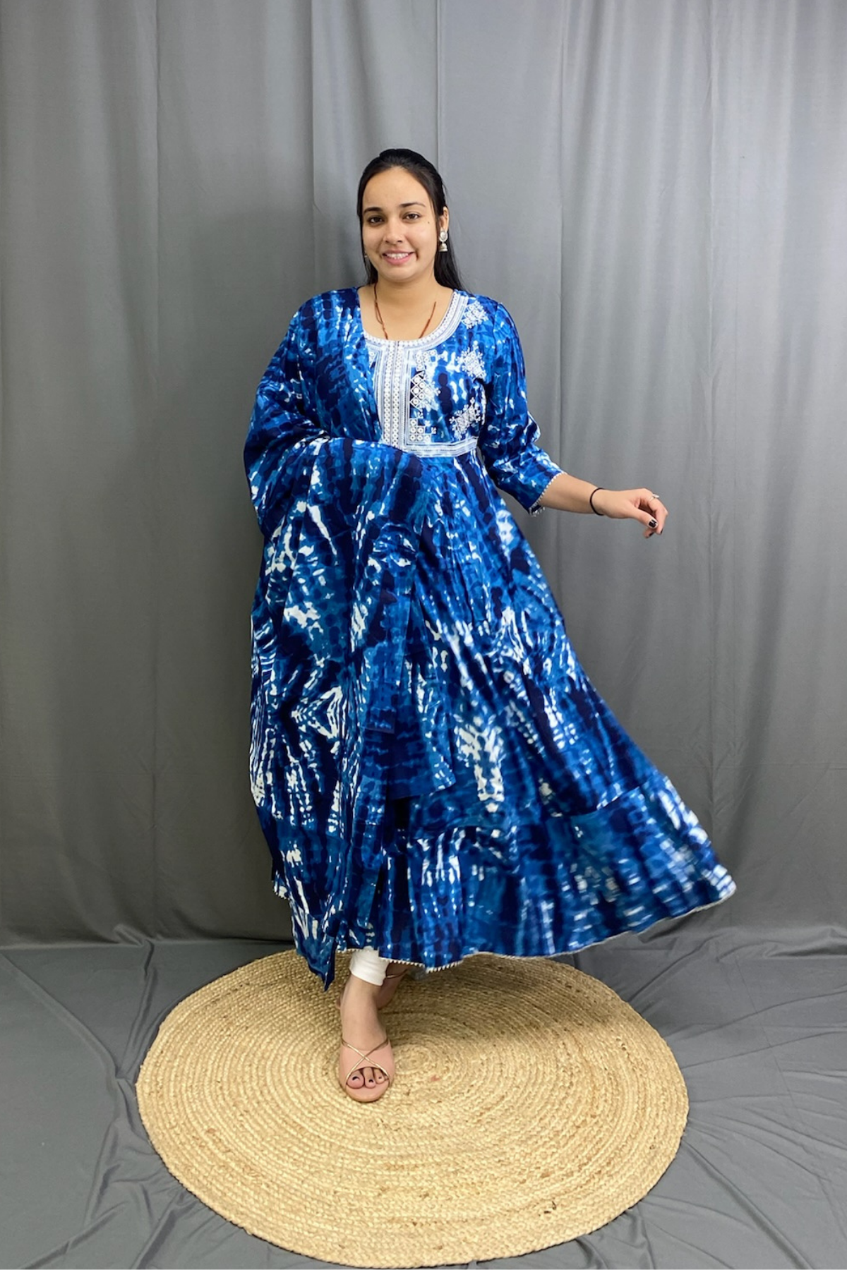Cotton Tie-Dye Ghera Kurti with Dupatta