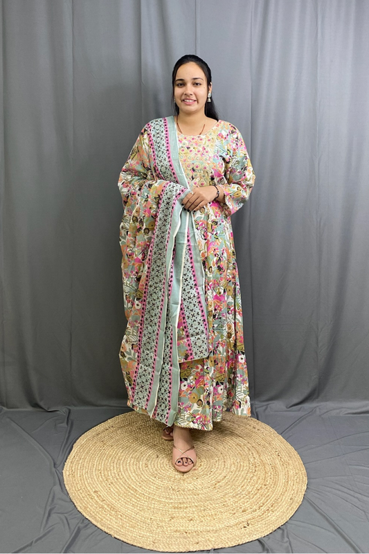 Comfortable Cotton Floral Print Ghera Kurti Pant Dupatta Set