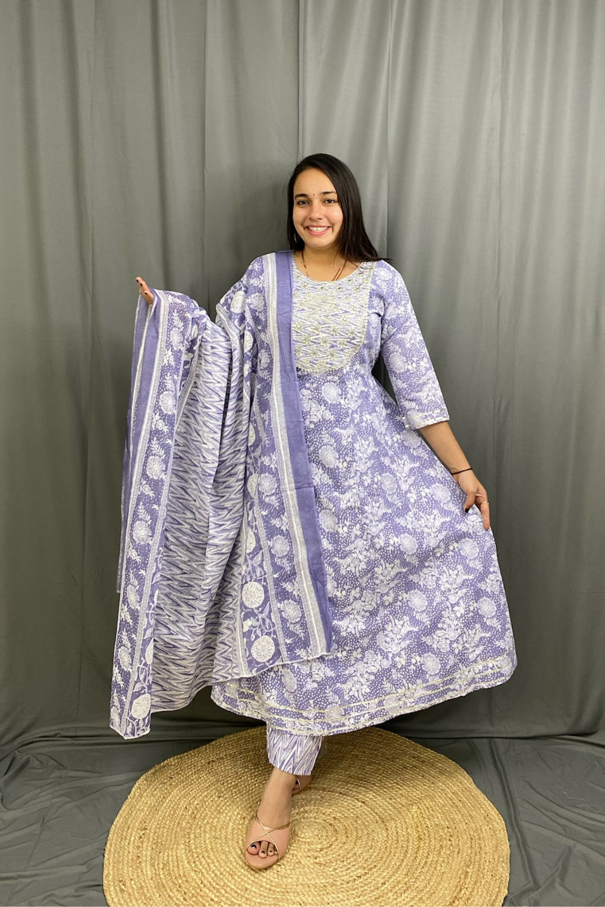 Beautiful Light Purple Cotton Floral Print Anarkali Set with Silver Gotta Patti Work