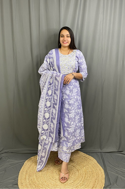 Beautiful Light Purple Cotton Floral Print Anarkali Set with Silver Gotta Patti Work