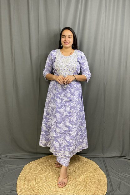 Beautiful Light Purple Cotton Floral Print Anarkali Set with Silver Gotta Patti Work