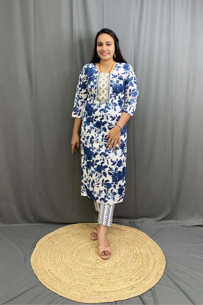 Floral Printed Pocket-Friendly Daily Wear Cotton Kurti Pant Dupatta Set