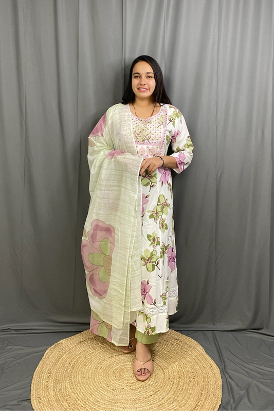 Pistachio Green Floral Print Anarkali Kurti Pant Dupatta Set