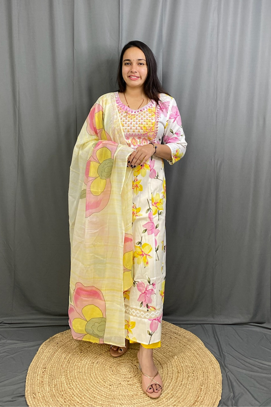 Charming Cotton Anarkali Kurti Pant Dupatta Set with Floral Print